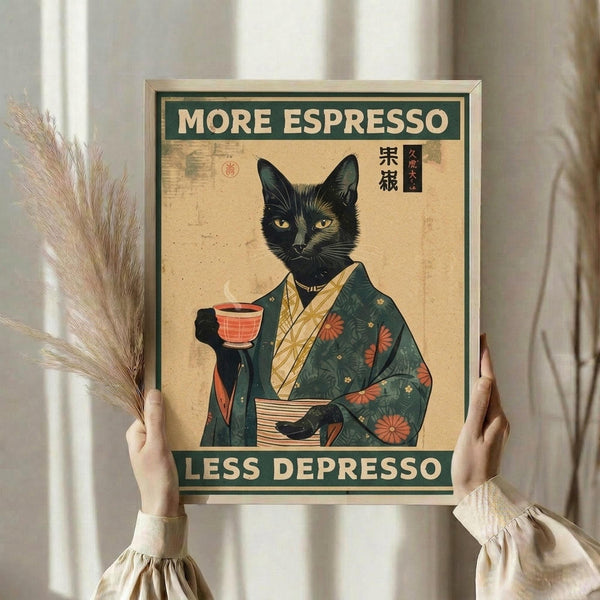 May include: Person in cream sweater holding framed vintage-style poster featuring black cat in traditional Japanese clothing holding red coffee cup, with text "More Espresso Less Depresso" against beige background with Japanese characters, displayed in bright room with dried pampas grass and white curtains