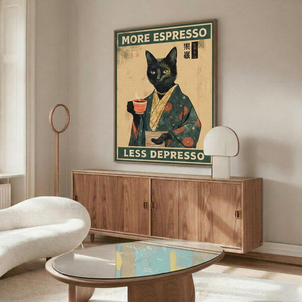 May include: Framed vintage-style poster on beige wall above wooden sideboard featuring black cat in traditional Japanese clothing holding red cup, with "MORE ESPRESSO LESS DEPRESSO" text. Modern living room setting with cream curved chair, glass coffee table, and warm wood furniture in natural lighting.