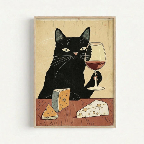 Framed poster print showing a black cat with white eyes holding a wine glass filled with red wine. The cat sits behind a wooden table with various cheese wedges including blue cheese and swiss cheese with holes. The artwork has a vintage illustration style with a cream background and warm earth tones. The wooden frame has a natural finish.