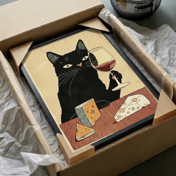 May include: Framed artwork showing a black cat with white whiskers holding a wine glass filled with red wine, sitting behind a wooden cutting board with various pieces of cheese. The print has a vintage cream background with earth tone colors. The black frame sits in an open cardboard shipping box with protective tissue paper, alongside what appears to be a round glass object in the background.