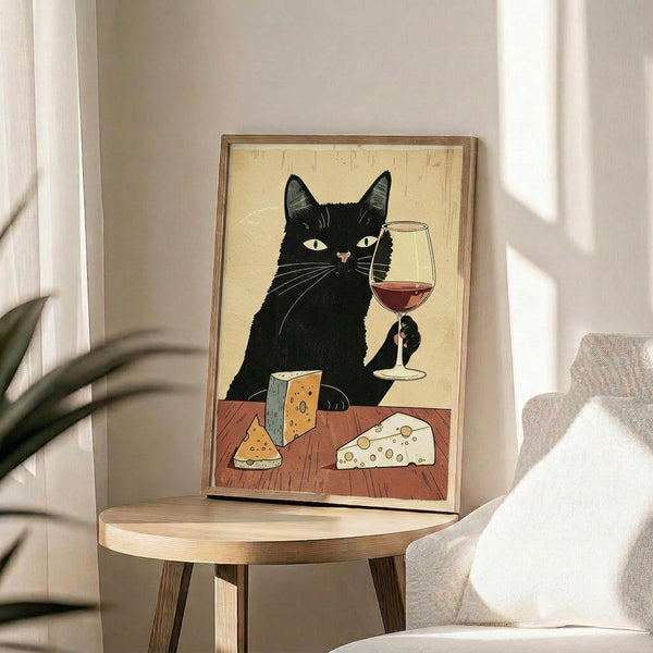 May include: Framed poster print displayed on round wooden side table next to beige upholstered chair and plant. Artwork shows black cat with green eyes holding wine glass, surrounded by cheese pieces on wooden surface. Vintage-style illustration with cream background in natural wood frame. Soft natural lighting creates shadows across neutral-toned room setting.
