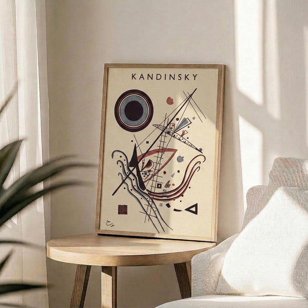 May include: Framed abstract art print with geometric shapes, circles, lines and forms in black, red and muted tones on cream background, displayed on round wooden side table next to beige upholstered chair with white pillow, green plant leaves visible, natural lighting creating soft shadows on neutral wall.