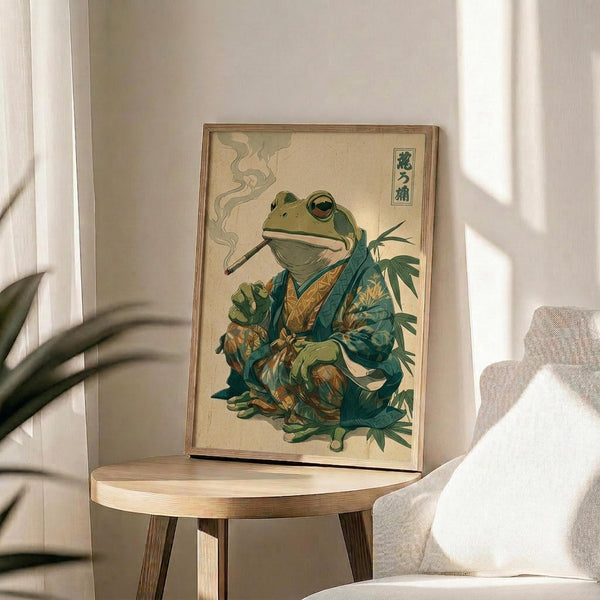 May include: Framed poster print displayed on wooden round side table next to beige upholstered chair in sunlit room with white walls and plant shadows. Artwork shows anthropomorphic green frog wearing ornate teal and gold patterned kimono, smoking a pipe with swirling smoke, surrounded by bamboo leaves. Japanese characters visible in upper right corner. Warm natural lighting creates soft shadows across the scene.