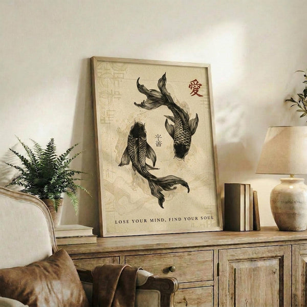 May include: Framed poster with two black koi fish swimming in opposite directions on aged beige background, displayed on rustic wooden sideboard next to fern plant, ceramic vase, and stacked books in warm neutral living room setting