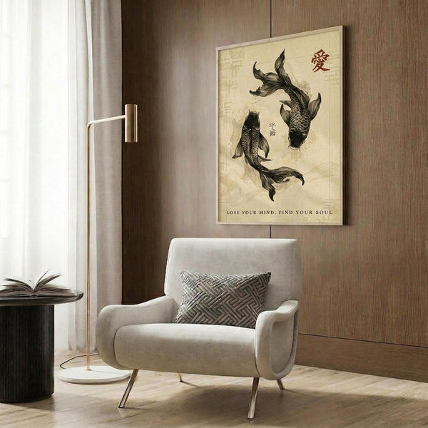May include: Two dark koi fish swimming in circular formation on cream-colored poster with red Chinese characters and "Lose Your Mind, Find Your Soul" text, displayed on wood-paneled wall above beige armchair with geometric pillow, modern floor lamp and side table with open book nearby