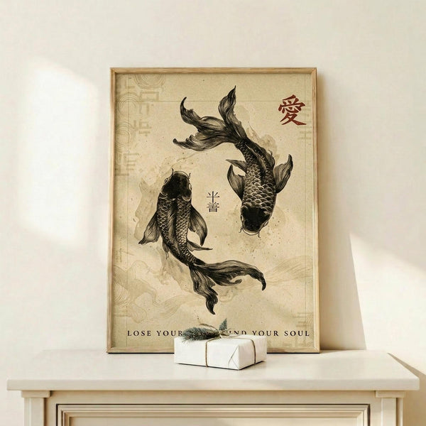 May include: Framed poster with two black koi fish in yin-yang formation on aged beige background with red and black Asian characters and "LOSE YOUR MIND FIND YOUR SOUL" text, displayed on light wood surface next to small white wrapped gift with green sprig accent against cream wall