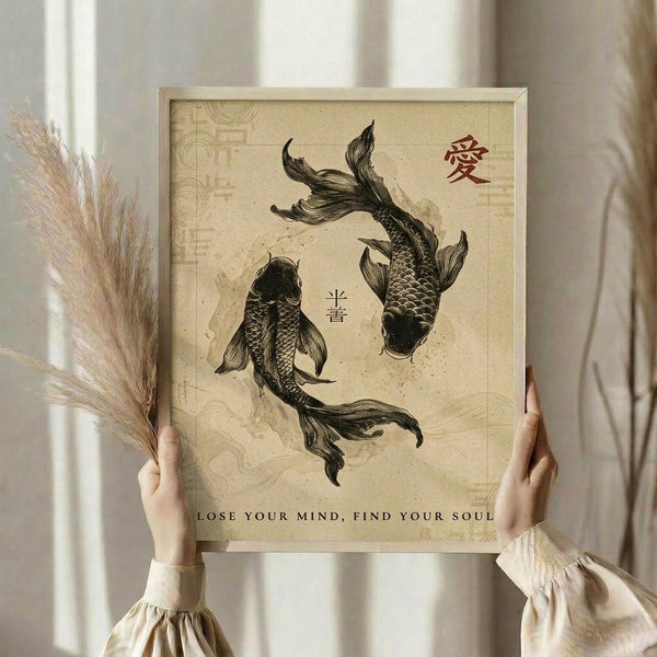 May include: Hands holding a framed poster featuring two black koi fish swimming in opposite directions on aged beige paper with Japanese characters and "Lose Your Mind, Find Your Soul" text below. Natural wooden frame, dried wheat stems visible on left, soft natural lighting against cream curtained window background.