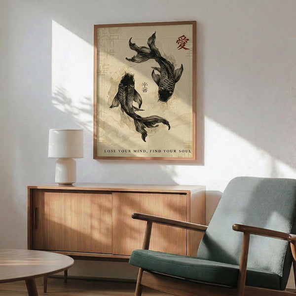 May include: Framed poster featuring two black koi fish in circular swimming pattern on aged beige background with red Chinese characters and "LOSE YOUR MIND, FIND YOUR SOUL" text below. Displayed above wood credenza with white ceramic lamp in modern living room setting with sage green mid-century armchair and natural sunlight casting shadows on white wall.
