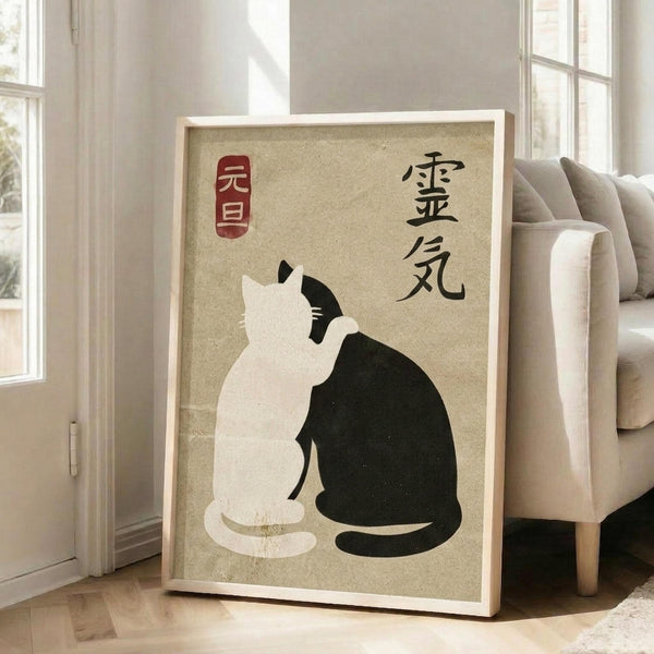 May include: Framed poster with beige textured background featuring two cats - one white, one black - sitting back-to-back in yin yang formation. Red seal and black Japanese characters in upper corners. Light wood frame displayed on floor against white walls near beige upholstered chair and windows with natural lighting.