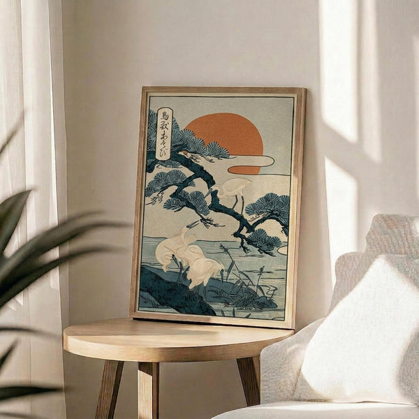 May include: Japanese woodblock print in wooden frame showing white cranes by pine tree with orange sun and blue-green foliage, displayed on round wooden side table next to beige upholstered chair, with plant leaves visible in corner and natural sunlight casting shadows on white wall