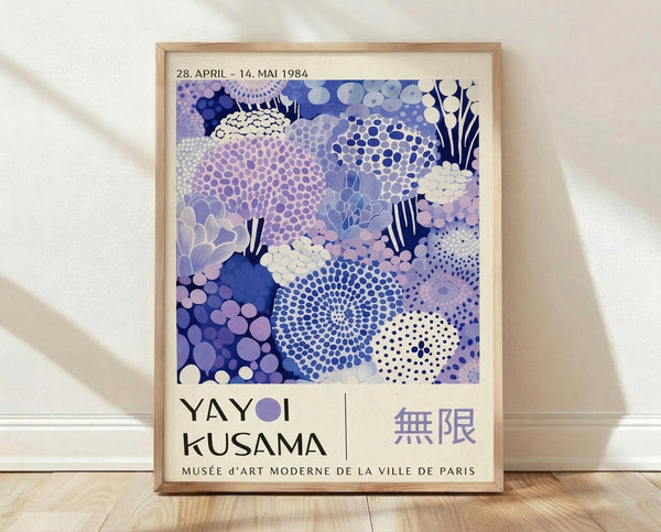 The image is a poster for the Yayoi Kusama exhibition at the Musée d'Art Moderne de la Ville de Paris, which took place on April 28, 1984.