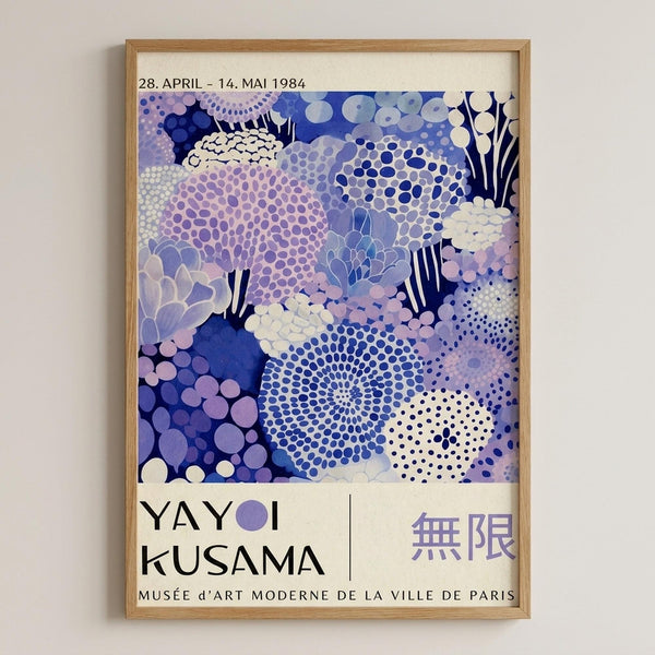 The image is a framed poster for the Yayoi Kusama exhibition at the Museum d'Art Moderne de la Ville de Paris, dated April 28, 1984.