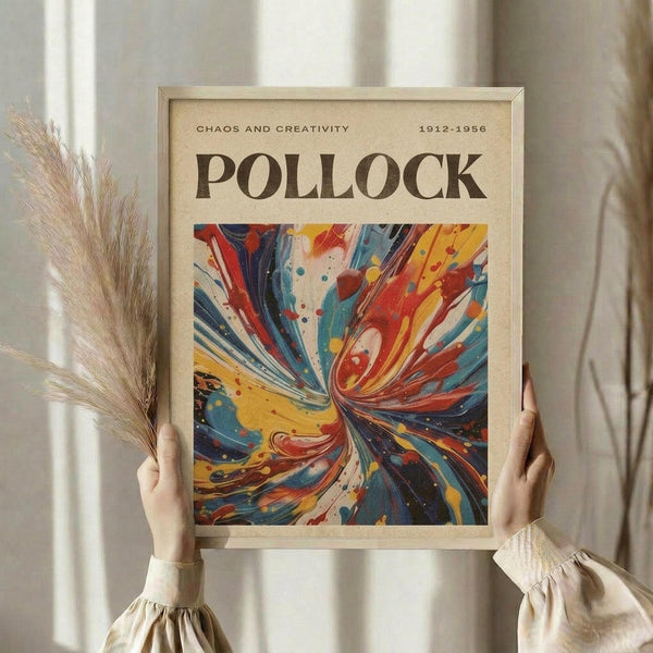 A person's hands holding a framed poster with a vibrant abstract painting of swirling colors and shapes.