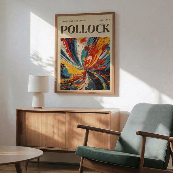 a vibrant abstract painting hanging on a wall above a wooden cabinet, with a green armchair and a round wooden table in the foreground.