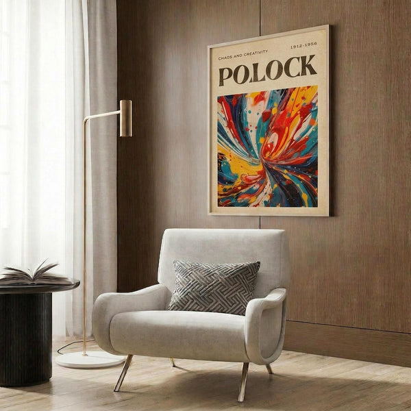 a modern living room with a white armchair, a floor lamp, and a framed poster of a colorful abstract painting on the wall.