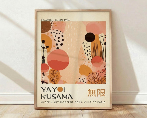 The image is a poster for an art exhibition titled "Yayoi Kusama" at the Musée d'Art Moderne de la Ville de Paris, dated April 28, 1984.