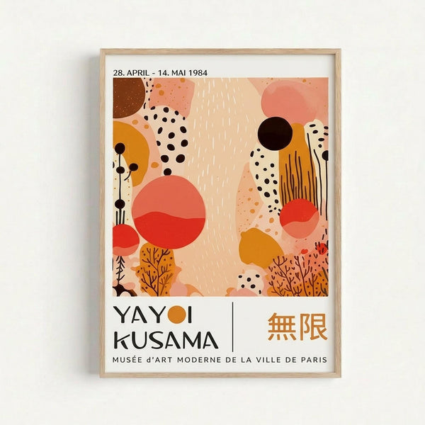 The image is a poster for the Yayoi Kusama exhibition at the Museum d'Art Moderne de la Ville de Paris, dated April 28, 1994.