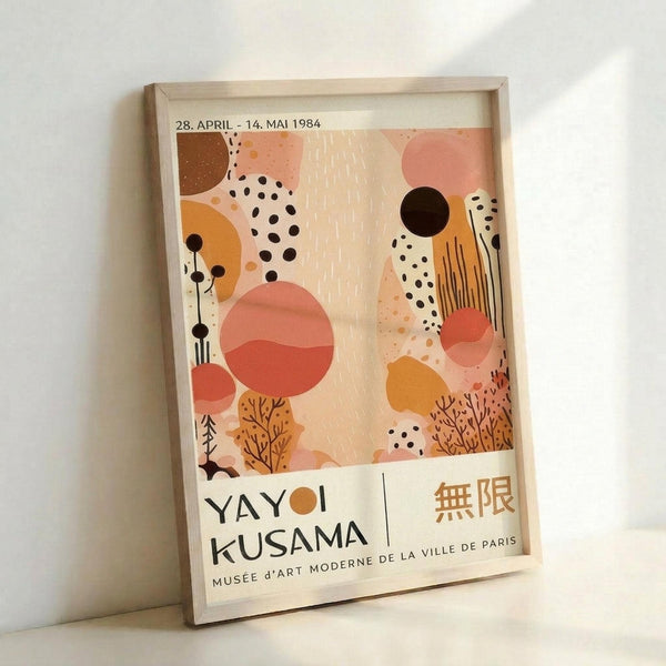 The image is a poster for an art exhibition titled "Yayoi Kusama" that took place on April 28, 1984 at the Museum d'Art Moderne de la Ville de Paris.