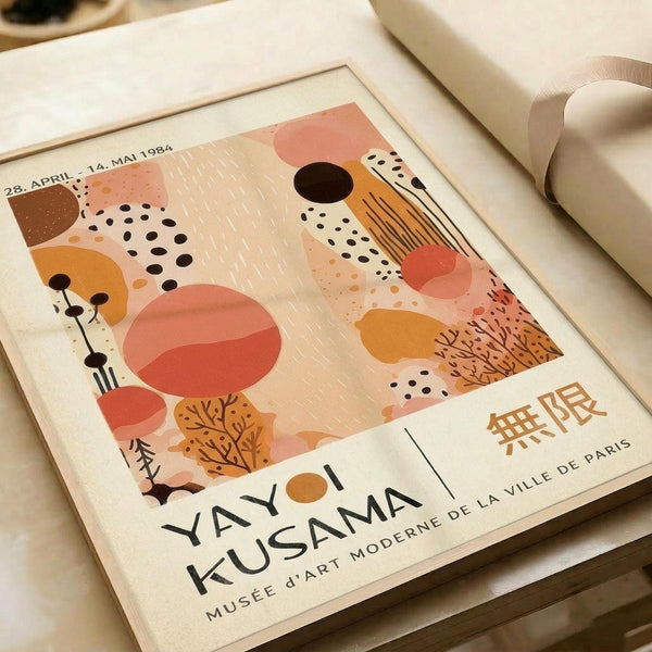The image is a poster for an art exhibition titled "Yayoi Kusama" at the Museum de d'Art Moderne de la Ville de Paris.