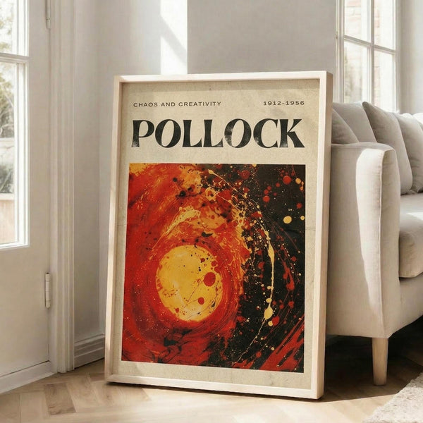 a framed poster of Pollock's artwork, titled "Chaos and Creativity" and dated "1912-1956".