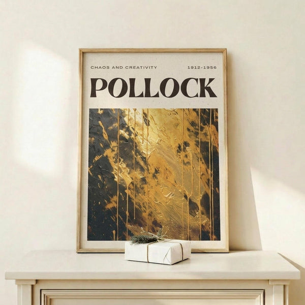 a framed poster with the text "POLLOCK" on it, displayed on a white shelf against a white wall.