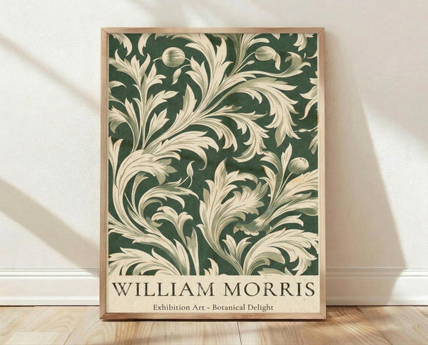 A framed poster with a decorative floral pattern in shades of green and white.