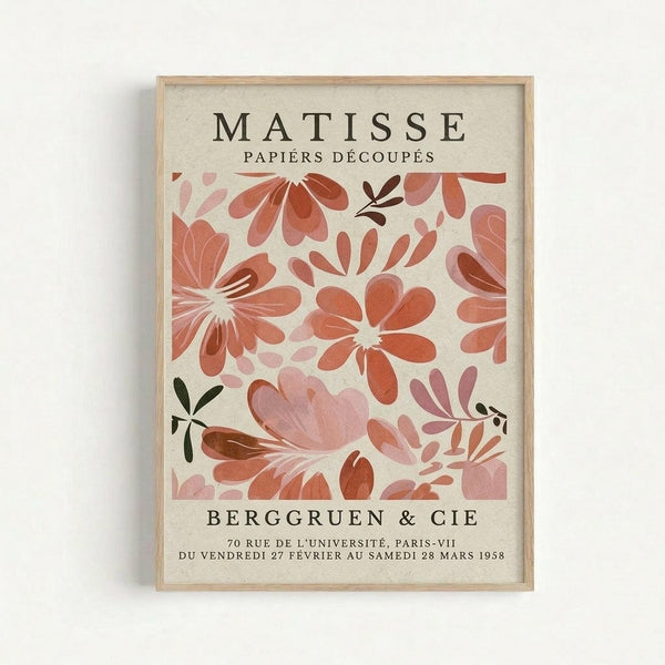 The image is a framed poster featuring a floral design with pink and red flowers. The poster is titled "MATISSE PAPiers D'ECOUPS" and includes the text "BERGGUEN & CIE" and "70 RUE DE L'UNIVERSITE, PARIS - VI".