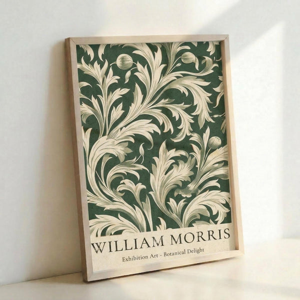 A framed poster with a decorative floral pattern in shades of green and white.