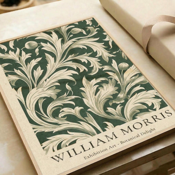 a framed poster with a decorative floral pattern in shades of green and white. The poster is titled "William Morris" and is described as an "Exhibition Art - Botanical Delight".