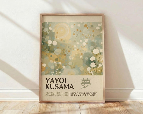 The image is a framed poster for the "Yayoi Kusama" exhibition at the "Musee j'ar trie Moderne de la ville de Paris".