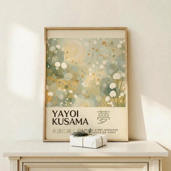 a framed poster of a floral design with the text "YAYOI KUSAMA" and "MUSEUM OF ART MODERNE PARIS" printed on it.