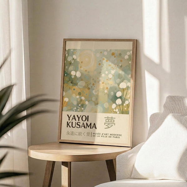 A framed poster of a floral design hangs on a wall in a room with a wooden table and a white chair.