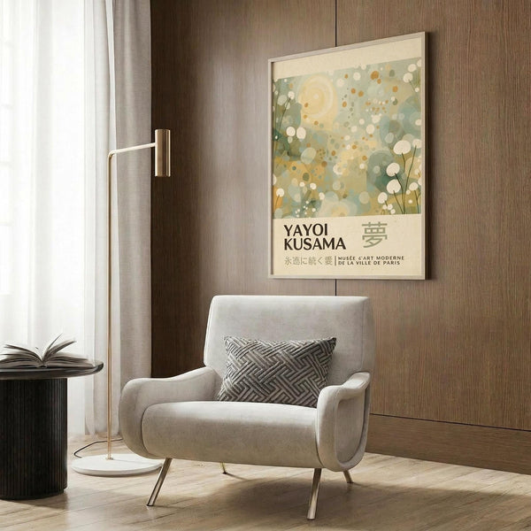 a modern living room with a white armchair, a floor lamp, and a framed poster on the wall.