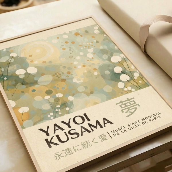The image is a framed poster for the Yayoi Kusama exhibition at the Museum d'Art Modernne de la Ville de Paris.
