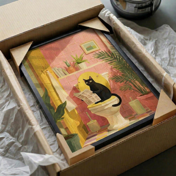 May include: Framed illustration of a black cat sitting on a toilet reading a newspaper in a coral pink tiled bathroom with yellow lighting, tropical plants, and mid-century modern styling. The artwork is packed in a cardboard shipping box with protective brown paper wrapping, surrounded by white tissue paper on a textured surface.