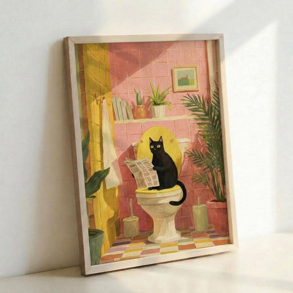 May include: Framed illustration print leaning against white wall showing a black cat sitting on a toilet reading a newspaper in a colorful bathroom with pink and coral tiled walls, yellow shower curtain, potted plants, small framed artwork, and checkered floor tiles in a whimsical, stylized art style with warm lighting.