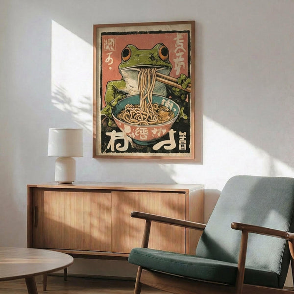 May include: Japanese-style vintage poster artwork featuring a green frog with chopsticks eating noodles from a ramen bowl, displayed in wooden frame above mid-century modern credenza with white ceramic lamp, next to teal upholstered armchair in bright sunlit room with white walls and hardwood floors.