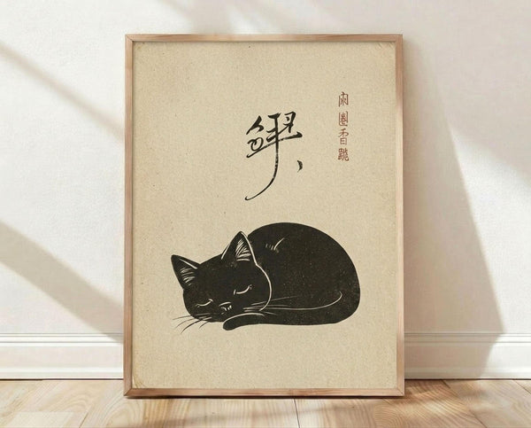 May include: Framed vintage-style poster with cream textured background featuring minimalist black illustration of sleeping cat curled in ball, Japanese calligraphy characters above, displayed against white wall on light wood floor with natural lighting and shadows