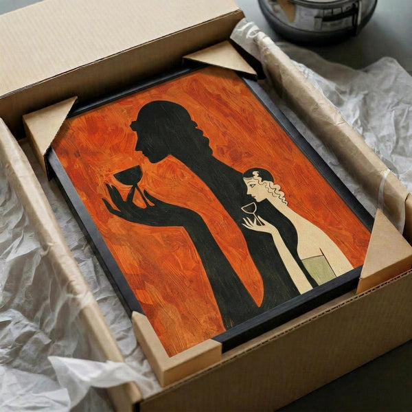 May include: Art deco style poster print in wooden frame, nestled in cardboard shipping box with tissue paper. Features orange-red background with black silhouettes of two elegant figures in 1920s fashion holding wine glasses. One figure has blonde curly hair detail. Warm wood grain visible on frame against white packaging materials.