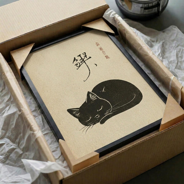 May include: Vintage-style linocut print of a sleeping black cat on cream paper, displayed in a simple black frame inside a cardboard box with tissue paper. Traditional Japanese characters appear above the curled cat silhouette. Wooden printmaking tools lie alongside the framed artwork, suggesting handcrafted block printing technique.