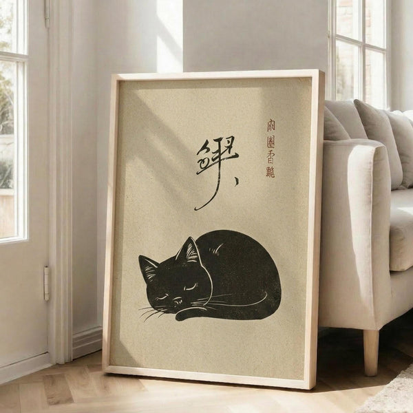 May include: A framed vintage-style poster featuring a sleeping black cat curled in a ball with Japanese calligraphy text above it on beige textured paper, displayed in a light wood frame leaning against white walls in a bright living room with beige furniture and large windows