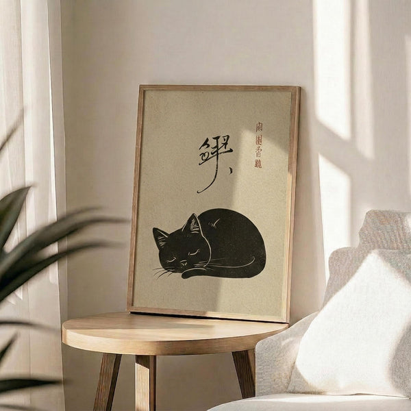 May include: Framed vintage-style Japanese art print featuring a curled up sleeping black cat with whiskers and pointed ears on cream background, displayed on round wooden side table next to beige upholstered chair with white pillow, green plant leaves visible, warm natural lighting casting soft shadows on white walls