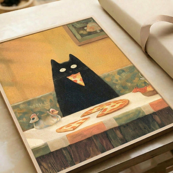 May include: A whimsical illustration print displayed in an open book or portfolio, showing a black cat with wide white eyes sitting at a table with pizza slices. The cat appears to be eating a triangular pizza slice. The artwork features warm yellow and orange tones with green accents, creating a cozy domestic scene with furniture and framed art visible in the background.