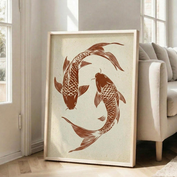 May include: Framed poster displaying two koi fish in rust-orange color forming a circular yin-yang pattern on cream textured background, positioned against white wall next to beige upholstered chair in bright living room with large windows and natural lighting.