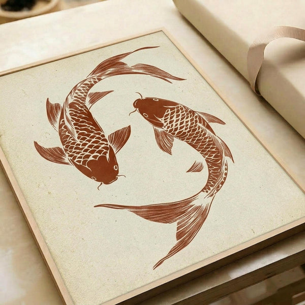 Two koi fish swimming in a circular yin yang formation rendered in reddish-brown ink on cream-colored textured paper. The detailed fish show intricate scales, flowing fins, and whiskers. The artwork appears as a print or drawing displayed on white paper with a brayer tool visible nearby, suggesting a printmaking process.