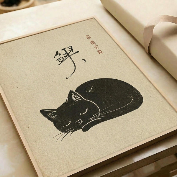 May include: Japanese-style art print featuring a sleeping black cat in minimalist ink style on cream textured paper, displayed in light wooden frame on neutral surface with beige ribbon accent. Asian characters visible at top of artwork.