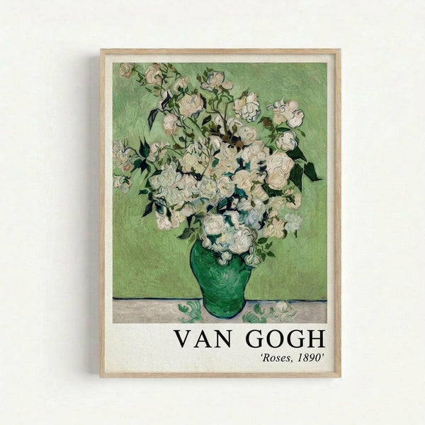 May include: Framed art print of Van Gogh's white roses in green vase against pale green background, displayed on white wall. Light wood frame surrounds the reproduction with "VAN GOGH" and "Roses, 1890" text below the floral still life painting. Thick brushstrokes visible in post-impressionist style artwork showing abundant white blooms with green foliage.