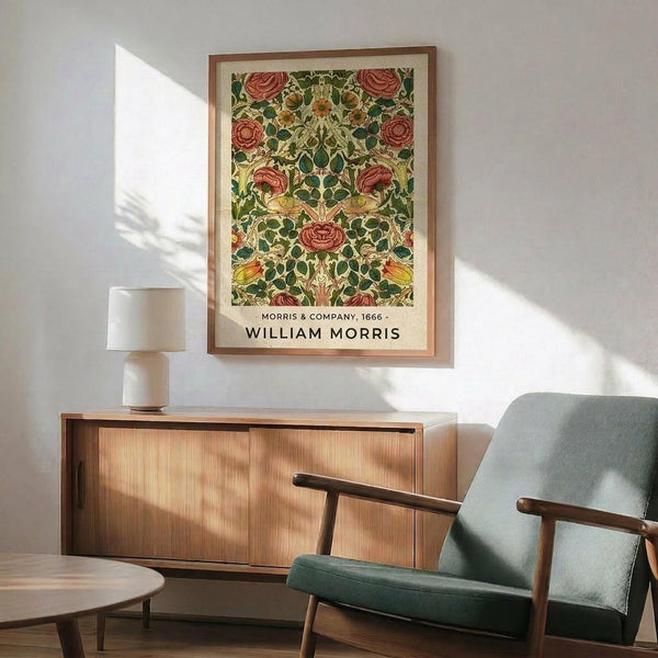 May include: Framed vintage botanical poster with red roses and green foliage pattern hanging above wooden sideboard, mid-century modern sage green armchair with wooden arms, white ceramic table lamp, and round coffee table in bright sunlit room with white walls