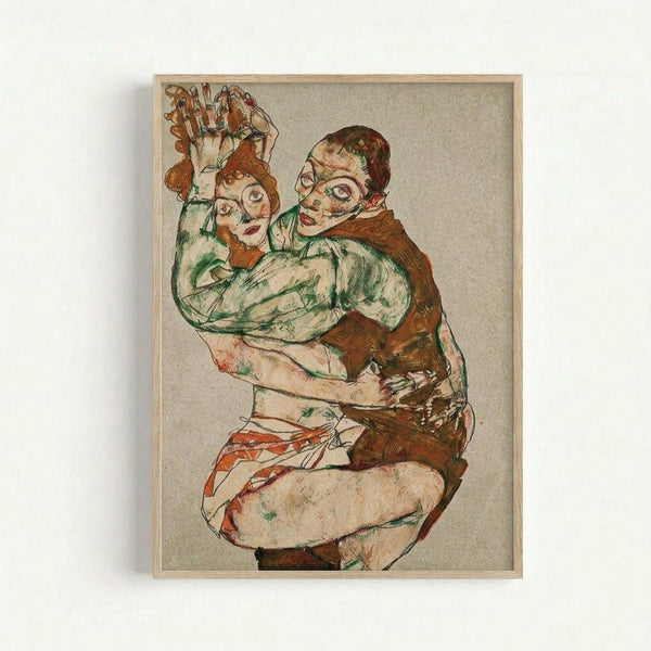 Framed reproduction of an expressionist drawing showing two embracing figures in an intimate pose. The artwork features bold outlines in black ink with watercolor washes in earthy tones of brown, green, and orange. The figures have distinctive angular faces and elongated limbs characteristic of early 20th century expressionist style. The drawing is displayed in a simple light wood frame against a white wall, with visible paper texture and deliberately rough, gestural brushwork throughout the com