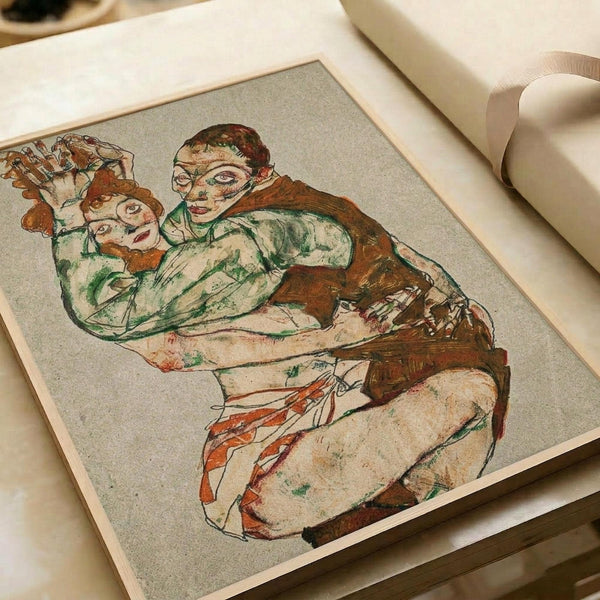 Expressionist drawing of two embracing figures rendered in earthy tones of brown, green, and orange on aged paper. The artwork shows characteristic angular linework and distorted forms typical of early 20th century Austrian art. The print is displayed in an open art book or portfolio with cream-colored pages and appears to be a museum-quality reproduction with visible paper texture and subtle aging effects.